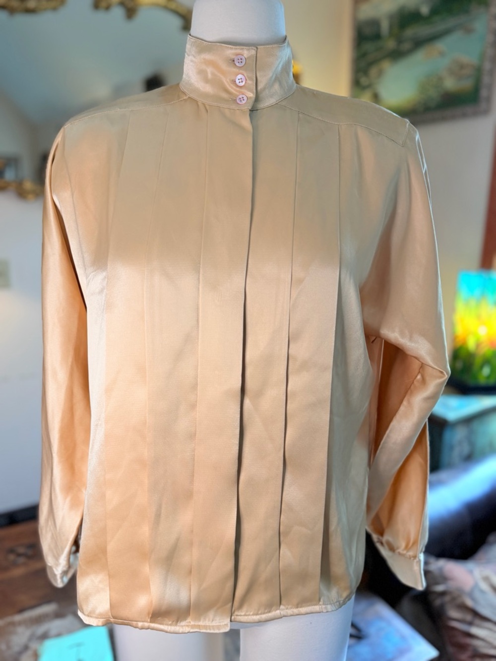 Vintage Silky Champagne Blouse with Stand Collar &  FromtPleats